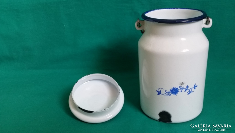 Enamel blue with floral decor, white mini milk jug, village peasant, decoration vintage