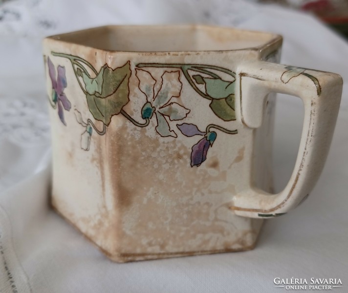 Álomszép antik fajansz csésze szecessziós ibolyás/girlandos dekorral
