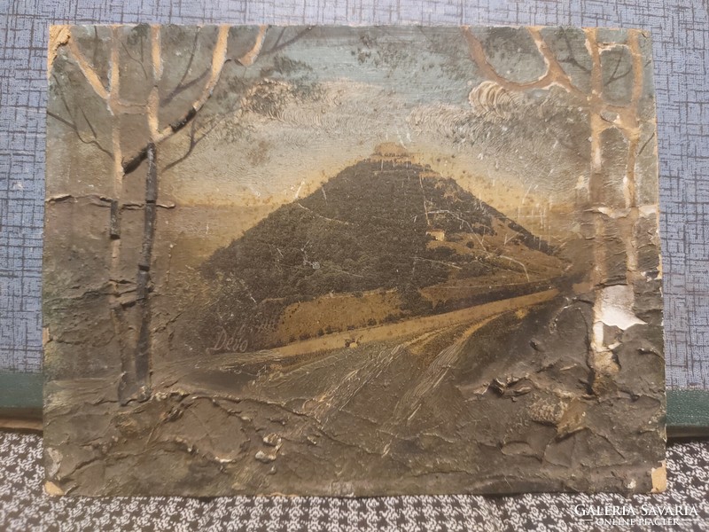 Antique landscape painted on a print on cardboard and on plaster overlays