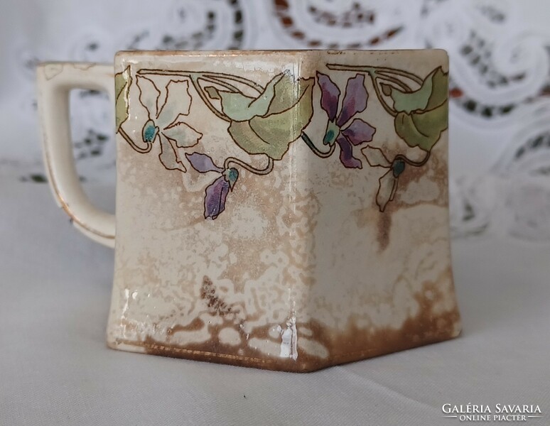 Dreamy antique earthenware cup with art nouveau violet/garland decor