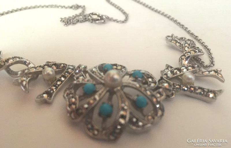 Silver, turquoise, marcasite, pearl neck blue-foé-from the 1990s-