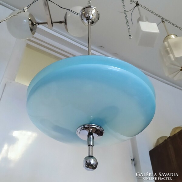 Art deco - Bauhaus 3 égős nikkelezett csillár felújítva - nagy méretű kék üveg ernyő