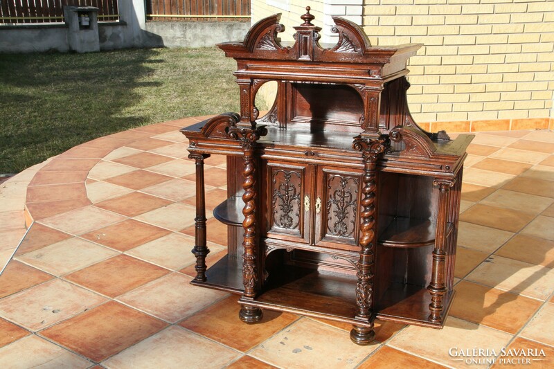 German pewter, richly carved commode, wall shelf, sideboard