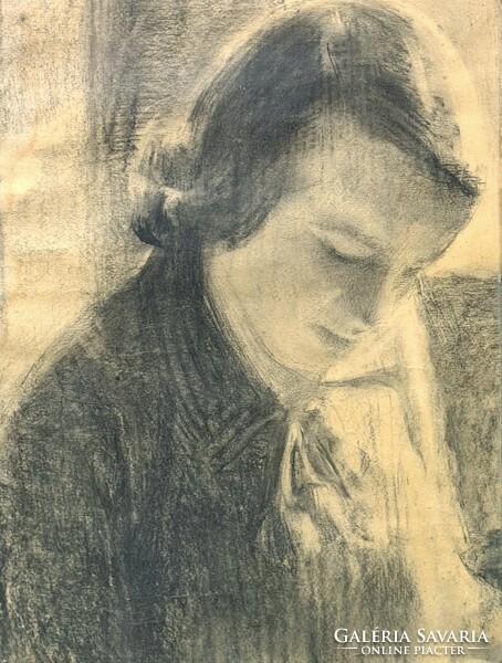 József Breznay: portrait of a young man - early work, rare - pencil drawing