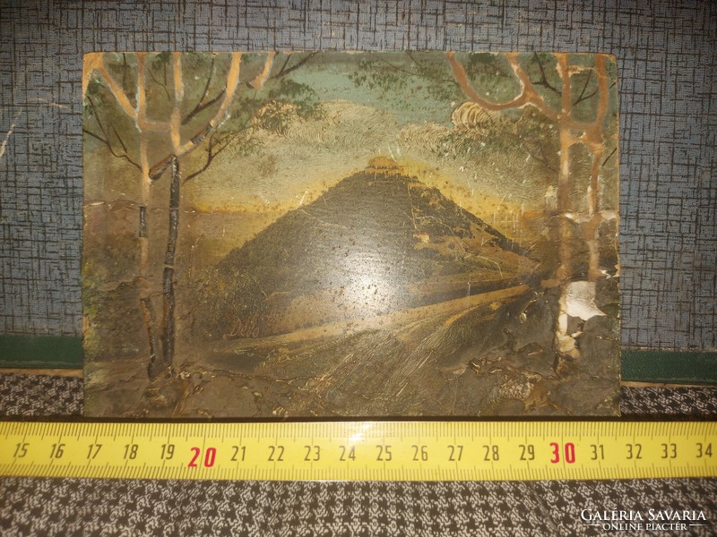 Antik, kartonon lévő nyomatra, gipsz rátétekre festett tájkép