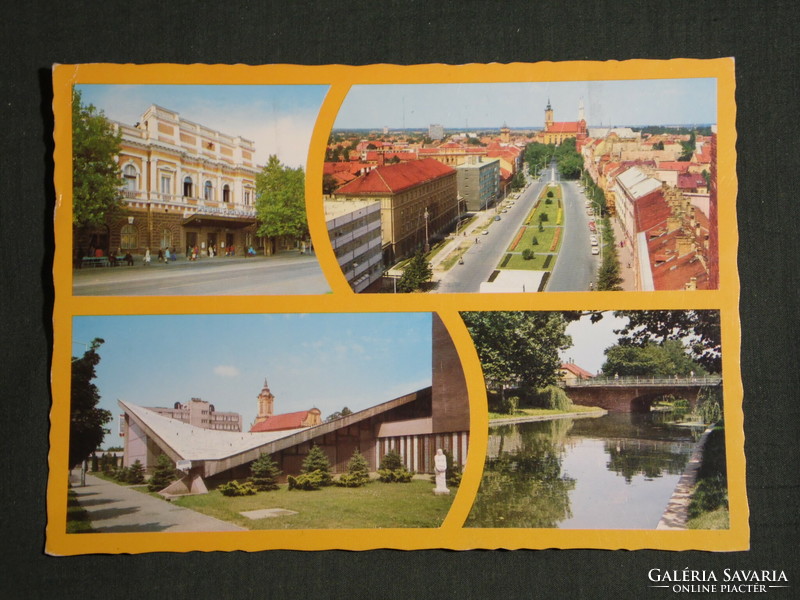 Postcard, Békéscsaba, mosaic details, Jóka theater, Kőrös hotel, Mönkácsy bridge