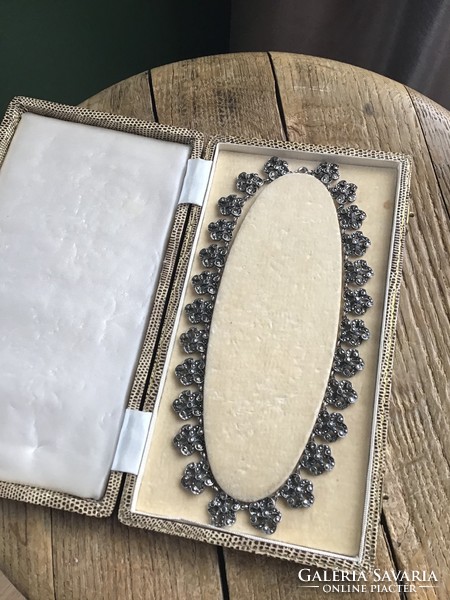 Beautiful antique silver necklace with blue marcasite stones in its own box, new condition