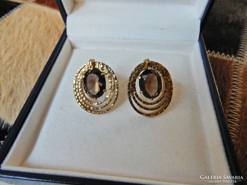 Old design gold-plated clip earrings with a pair of smoky quartz stones