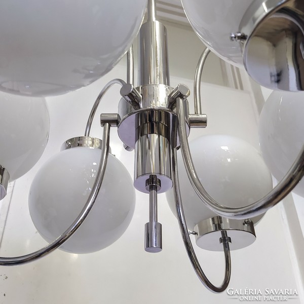 Bauhaus - art deco 6-arm large nickel-plated chandelier renovated - milk glass spherical shades