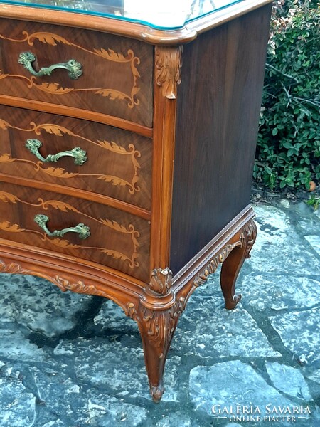Beautiful baroque 3-drawer inlaid wooden dresser with wonderful hand carvings and copper handles