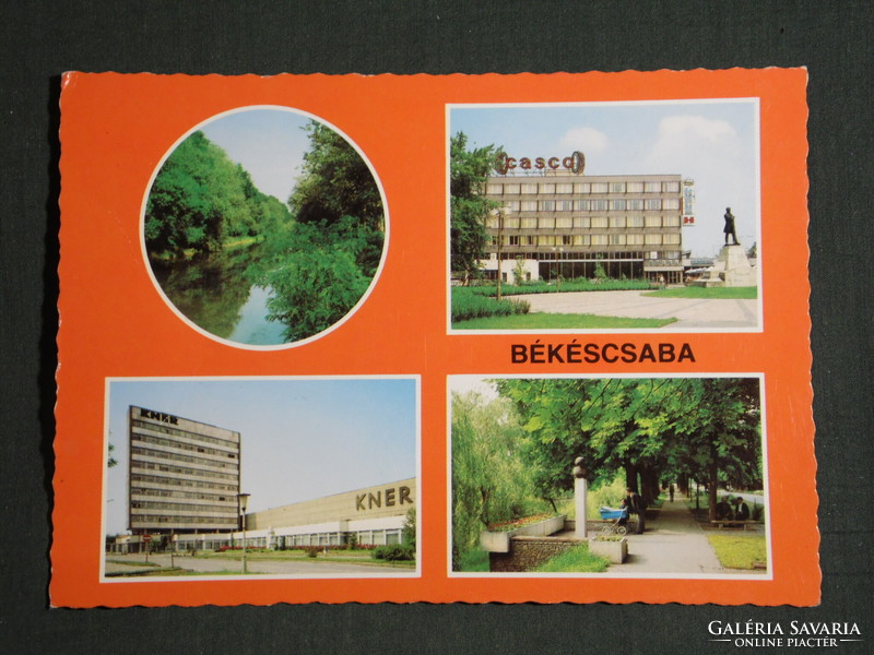 Postcard, Békéscsaba, mosaic details, hotel, Kőrös, Kner printing house, park sculpture