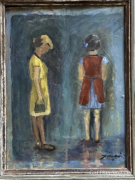 2 Girl with an interesting mood marked painting in a wide gray wooden frame 59 x 68 cm