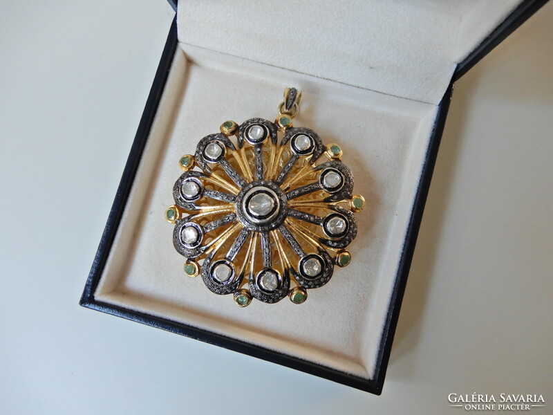 Old large gold plated silver? Pendant with rough diamonds and emeralds
