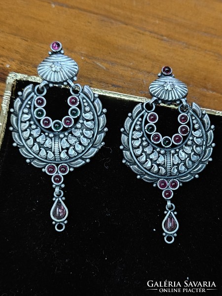 Marked, sterling (925) silver earrings, with green and red garnet stones, from India. New.