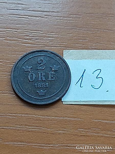 Sweden 2 öre 1881 bronze, ii. Oscar 13.