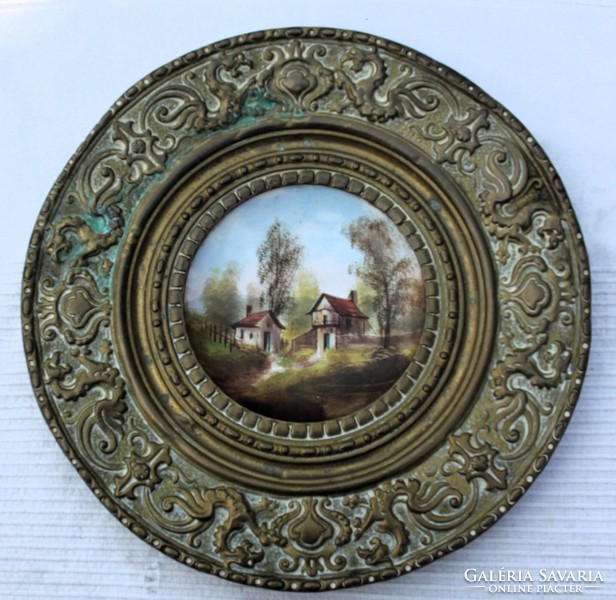 Decorative metal bowl, with hand-painted faience inlay, sarreguemines