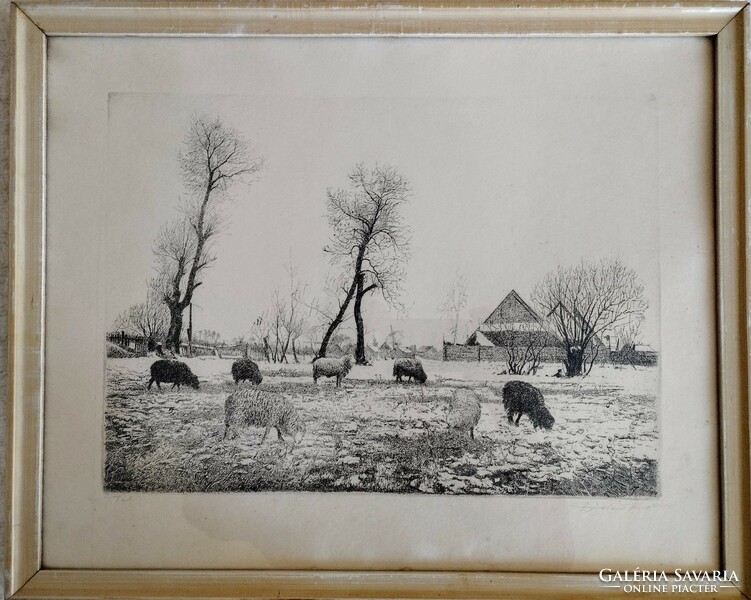 Etching - bagpiper Jenő: winter