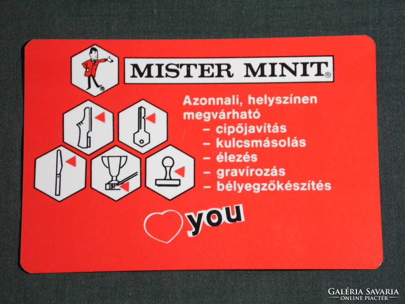 Kártyanaptár, Mister Minit cipőjavítás, kulcsmásolás,élezés, grafikai rajzos,reklám figura,1996, (6)