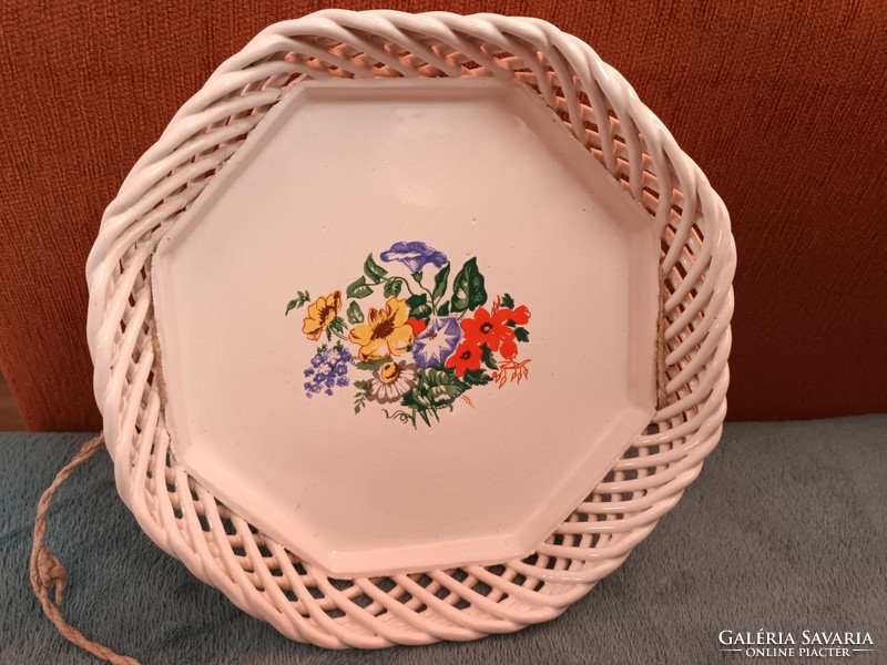 Beautiful folk, openwork, Bodrogkeresztúr ceramic bowl, wall plate, painted-glazed ceramics.