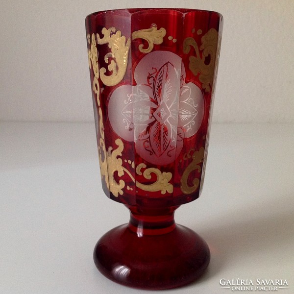 Antique Biedermeier crimson stained glass goblet