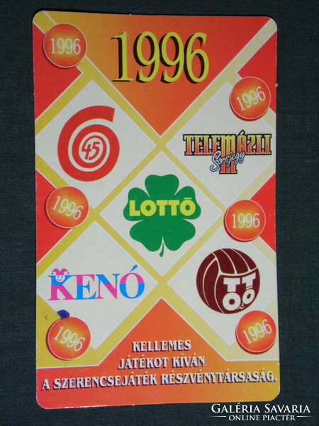 Kártyanaptár, Totó Lottó szerencsejáték, grafikai rajzos, 1996, (6)