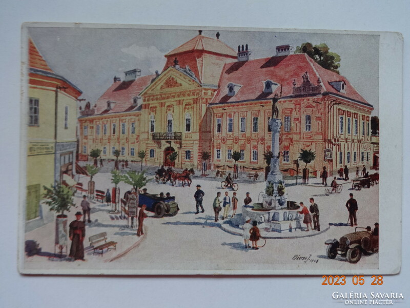 Régi grafikus képeslap: SZÉKESFEHÉRVÁR, Püspöki palota és püspökkút - kiadja Márton J.  tanár