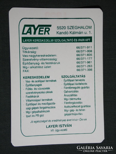 Kártyanaptár, Layer István Szeghalom, Vas építőanyag,festék, Mg alkatrészek ,1998, (6)