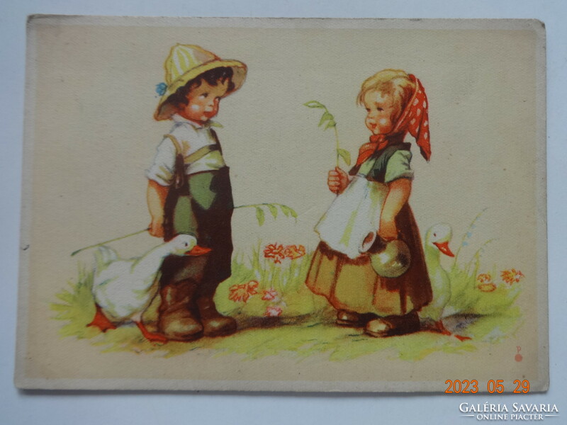 Régi grafikus üdvözlő képeslap - kislány és kisfiú libával