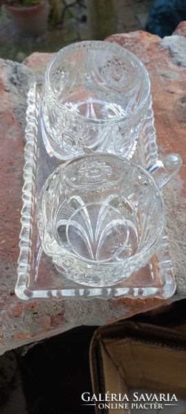 Polished glass sugar bowl with milk pouring tray