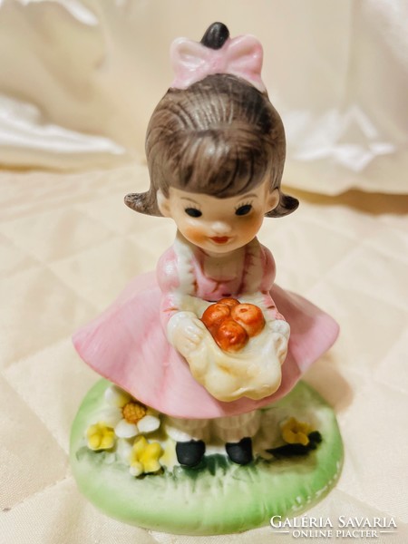 Vintage lefton hand painted Taiwanese porcelain figurine girl in pink dress with basket of apples
