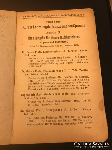 Kurzer Lehrgang der französischen Sprache című könyv. Berlin 1920-as kiadás.