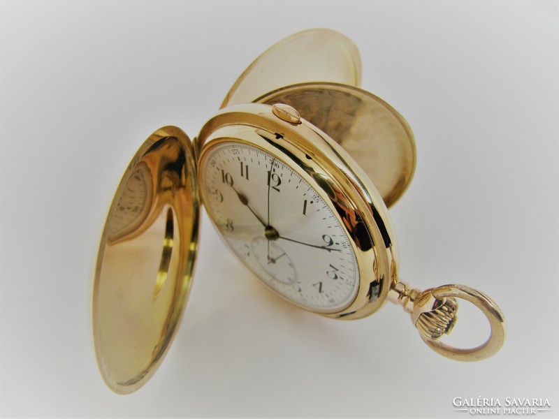 Rarity, antique, Lemania pocket watch with quarter strike - stopwatch - minute strike 14k gold