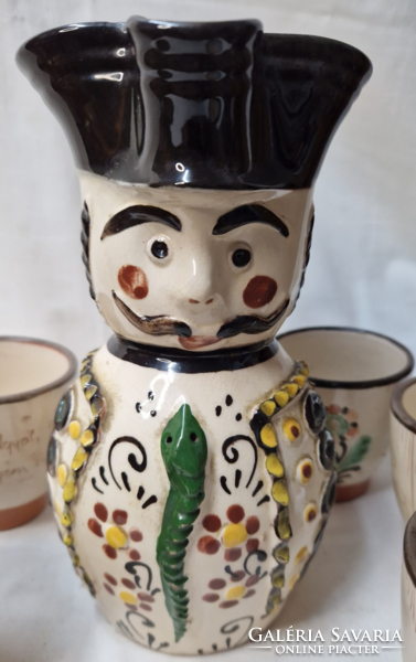Beautiful painted ceramic miska jug for sale with 5 glasses