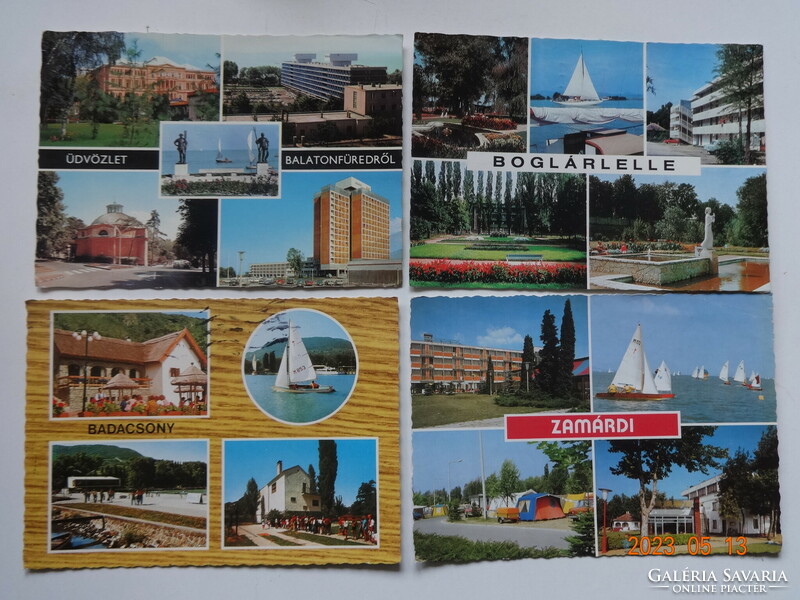 Régi (retró) balatoni üdvözlő képeslapok, 4 db együtt: Balatonfüred, Boglárlelle, Badacsony, Zamárdi