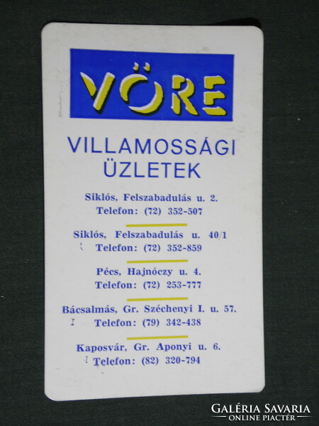 Kártyanaptár, VÖRE villamossági üzletek, Siklós,Pécs,Bácsalmás,Kaposvár,1998, (6)