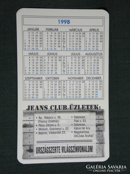 Kártyanaptár, Jeans Club ruházat divat üzletek,Budapest,Pécs,Miskolc,Sopron,1998, (6)