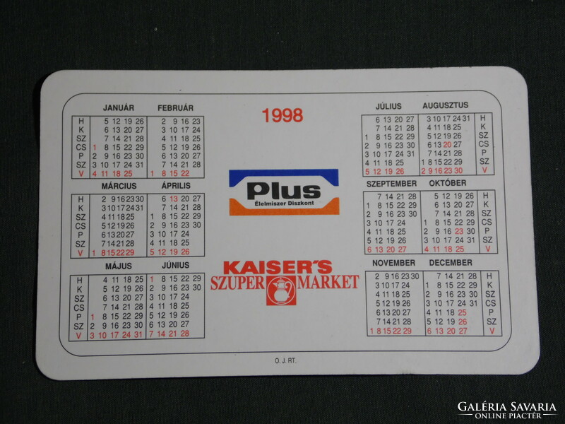 Kártyanaptár, Plus Kaiser's szupermarket,élelmiszer üzlet,grafikai rajzos,reklám figura,1998, (6)
