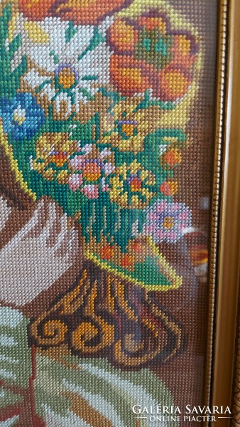 Goblein kép hölgy virágos pipacsos kalapban üveges keretben