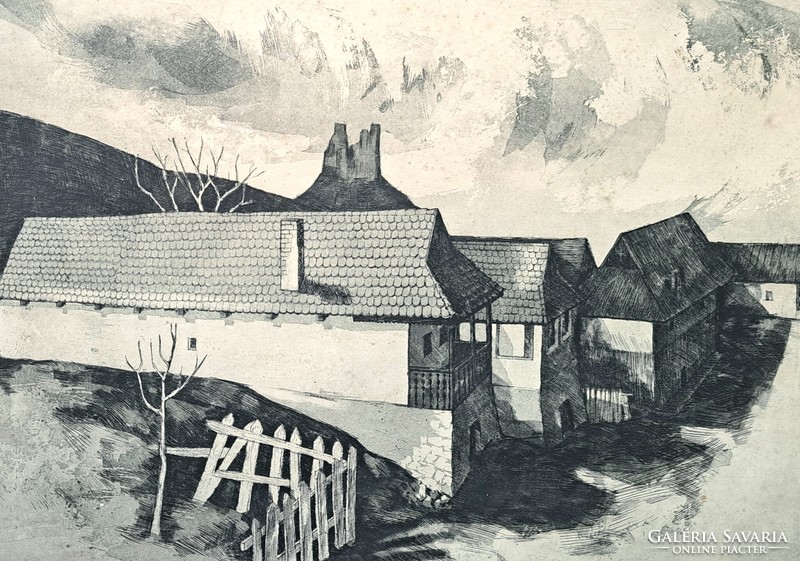 Tamás Hibó (1947-1991): raven stone (etching) - world heritage village, Nógrád county