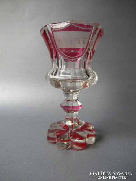 Pácolt, csiszolt, antik biedermeier pohár (16 cm)