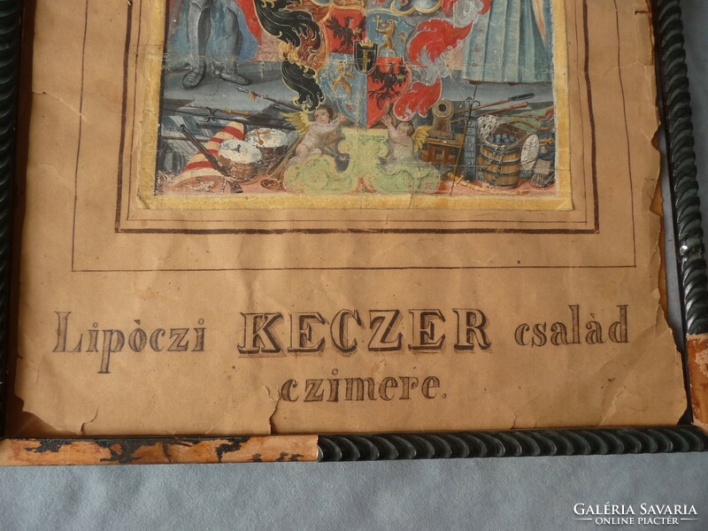 Antik magyar nemesi címer tempera rajz Keczer család címere II. Ferdinánd adományozás címereslevél