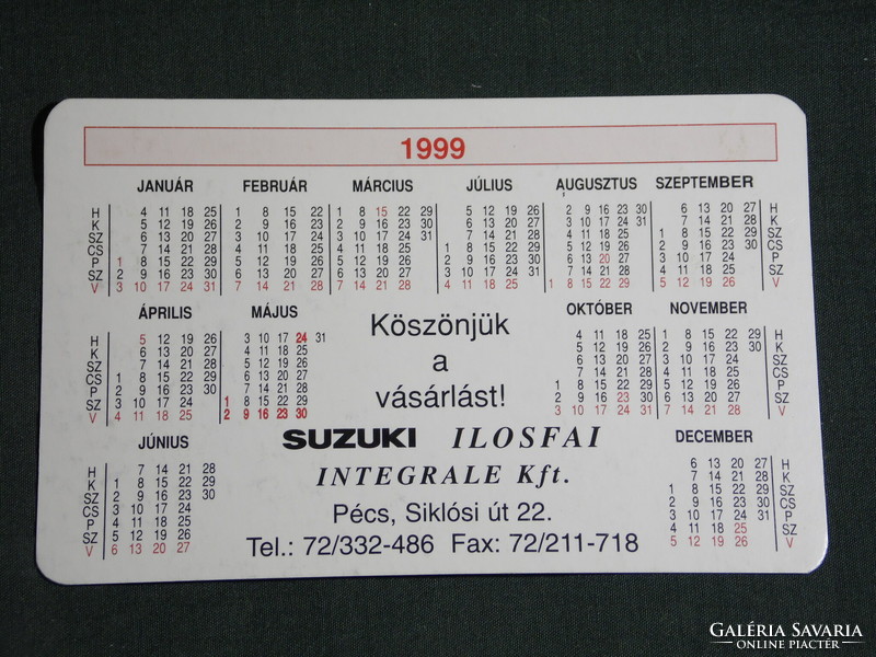 Kártyanaptár, SUZUKI autó, Ilosfai márkakereskedés, szerviz, Pécs, 1999, (6)