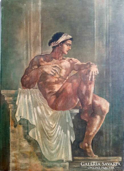 Férfi akt festmény  / Michelangelo  Salamon /  alapján 1900-as évekből   Nagyméretű