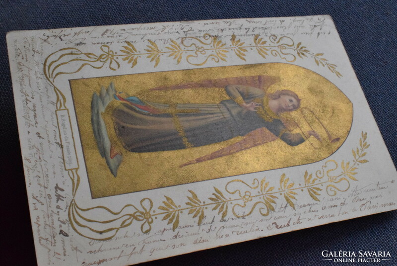 Antik arany hátterű képeslap  - angyal harsonával  1902ből
