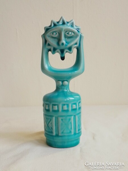 Old faience blue turquoise underglaze Zsolnay ceramics, Palatine Judit Hajnalka, abstract sculpture sun figure