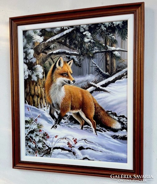 Stalking fox from Dabronaki, oil on canvas, framed, 60x50cm