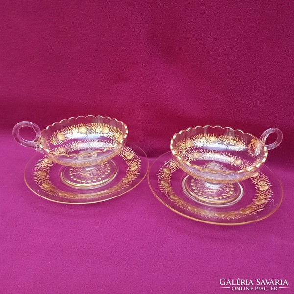 Extremely elegant, 2 glass, engraved coffee and tea cups with coasters.