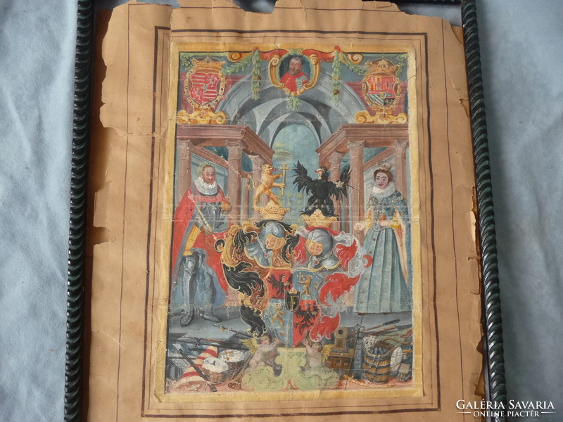 Antik magyar nemesi címer tempera rajz Keczer család címere II. Ferdinánd adományozás címereslevél