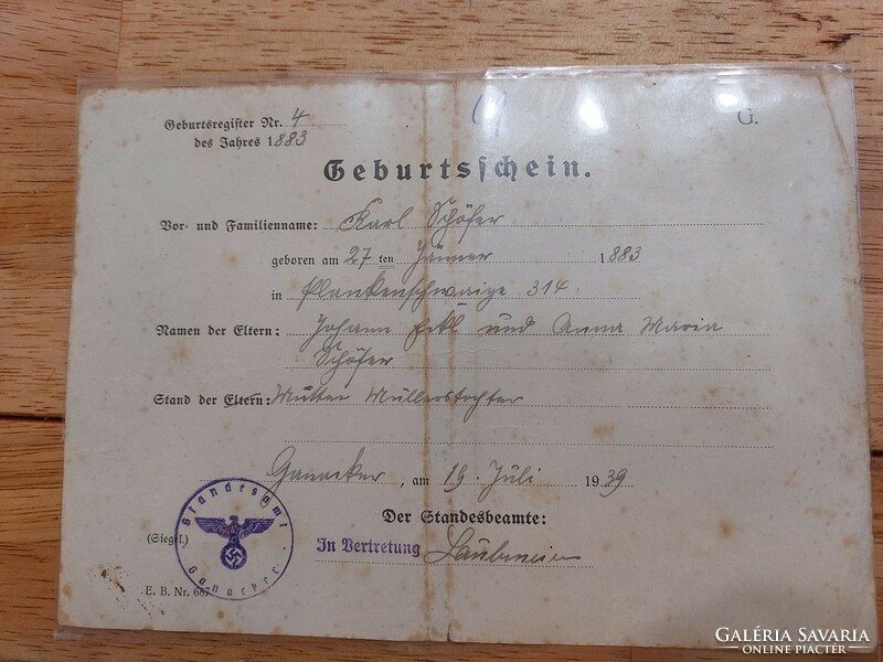 (K) old German document 1939 birth certificate