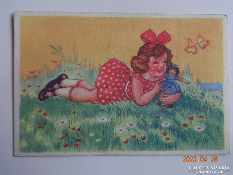 Old graphic postcard: little girl lying in the grass with a baby - drawing by József Tury